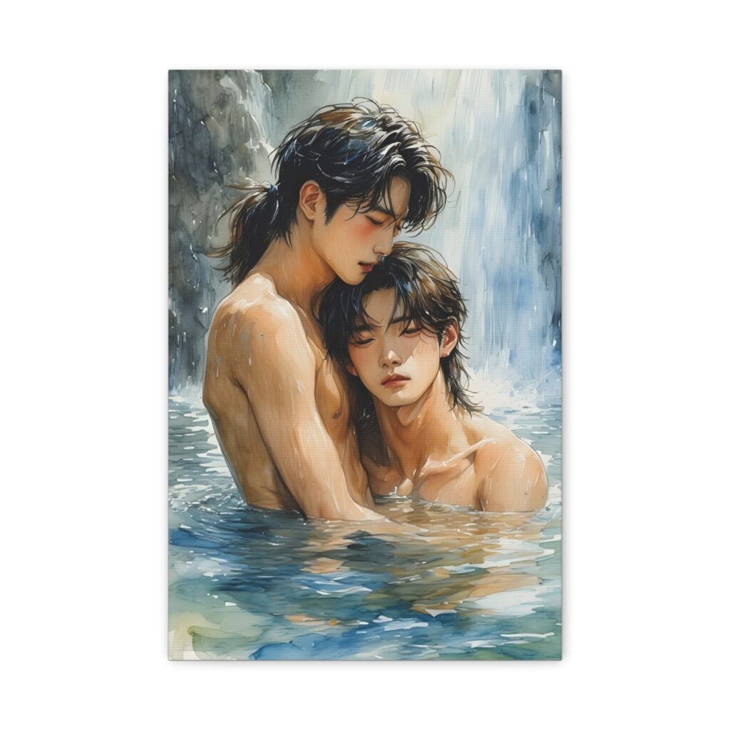 two shirtless teen cdrama heroes snuggle in a stream fed by a waterfall in the background.